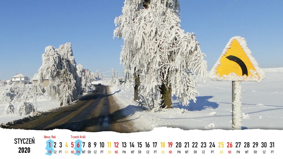 Kalendarz na styczeń 2020 roku z polskimi krajobrazami. Wydrukuj lub ustaw jako tapeta na pulpit