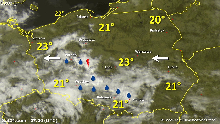 Zdjęcie satelitarne Polski w dniu 10 czerwca 2018 o godzinie 9:00. Dane: Sat24.com / Eumetsat.