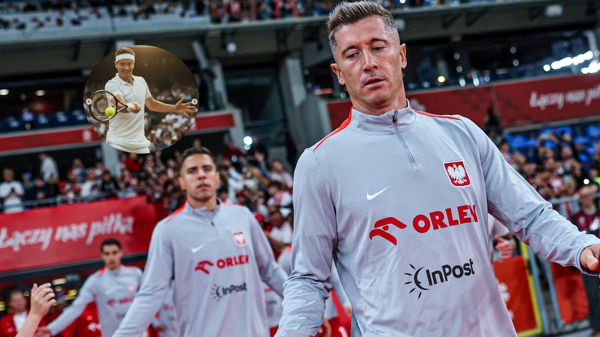 Robert Lewandowski w stroju sportowym na boisku, z małym obrazkiem w tle przedstawiającym tenisistę.