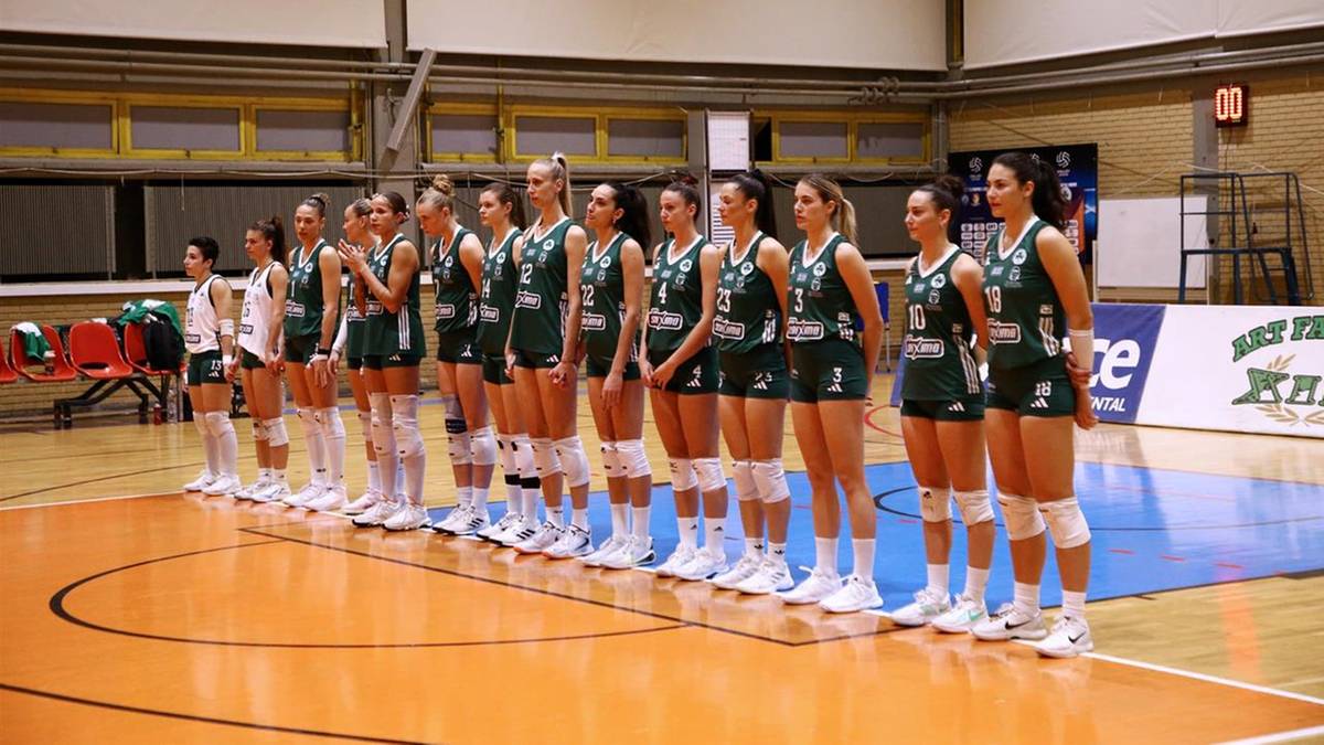 Drużyna siatkarek w zielonych strojach stoi w rzędzie na parkiecie hali sportowej.