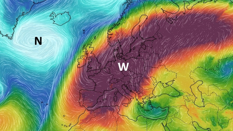 Rozkład wyżów i niżów nad Europą w dniu 29 grudnia 2019 roku. Fot. Windy.com