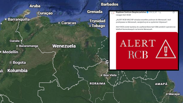Zrzut ekranu z alertem RCB informującym o odradzaniu podróży do Wenezueli, nałożony na mapę Ameryki Południowej z zaznaczoną Wenezuelą.
