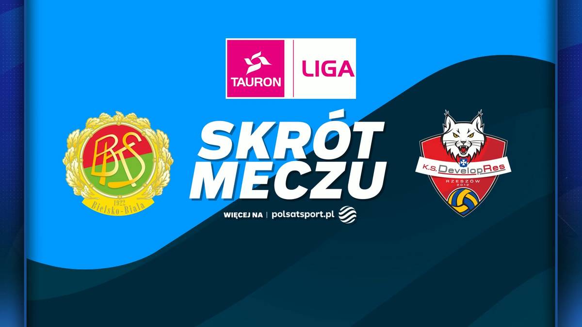 Logo Tauron Ligi, logo BKS Bostik ZGO Bielsko-Biała, napis "SKR&Oacute;T MECZU" oraz logo Developres Rzesz&oacute;w z piłką siatkową.