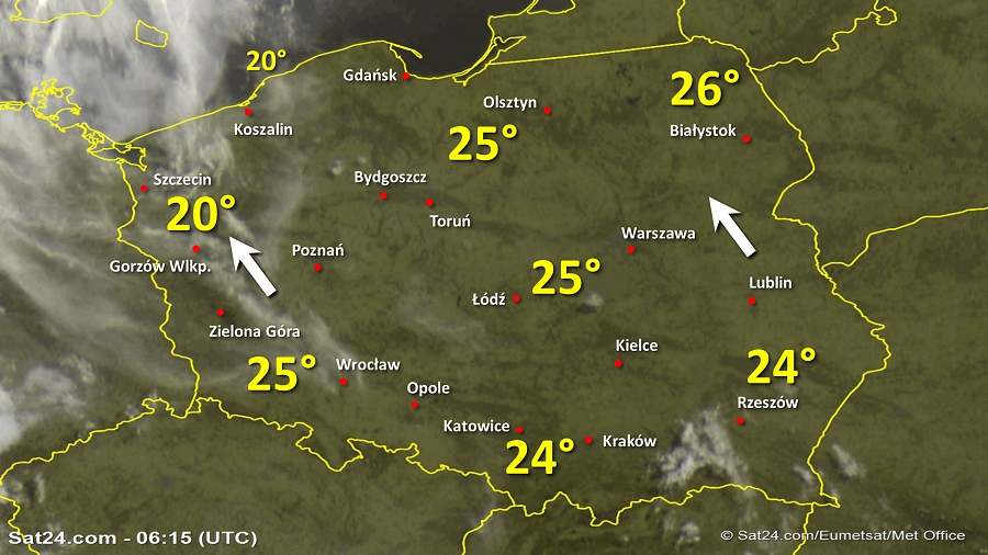 Zdjęcie satelitarne Polski w dniu 12 czerwca 2019 o godzinie 8:15. Dane: Sat24.com / Eumetsat.