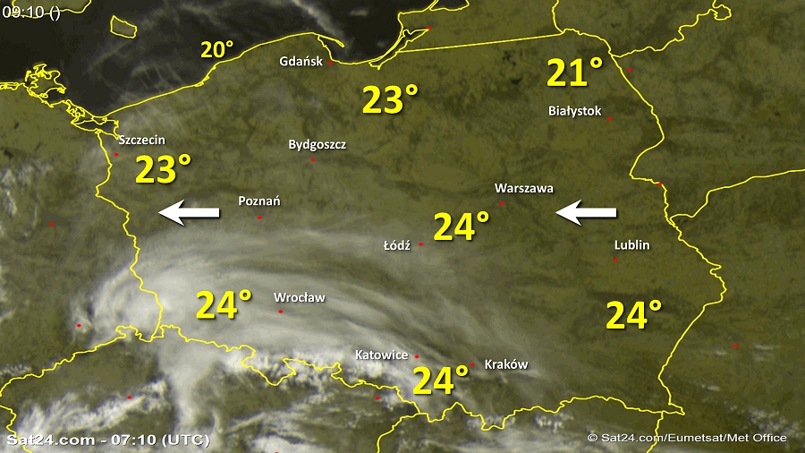 Zdjęcie satelitarne Polski w dniu 9 czerwca 2018 o godzinie 9:10. Dane: Sat24.com / Eumetsat.