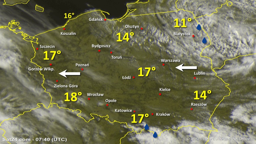 Zdjęcie satelitarne Polski w dniu 4 czerwca 2020 o godzinie 9:40. Dane: Sat24.com / Eumetsat.