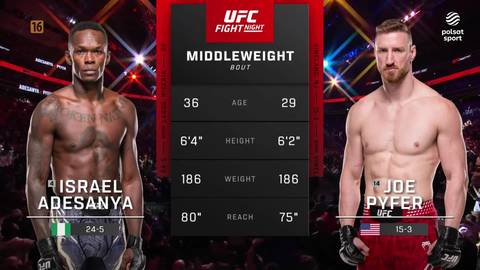 Dw&oacute;ch zawodnik&oacute;w MMA, Israel Adesanya i Joe Pyfer, stoi po przeciwnych stronach ekranu z danymi statystycznymi ich walki w UFC.