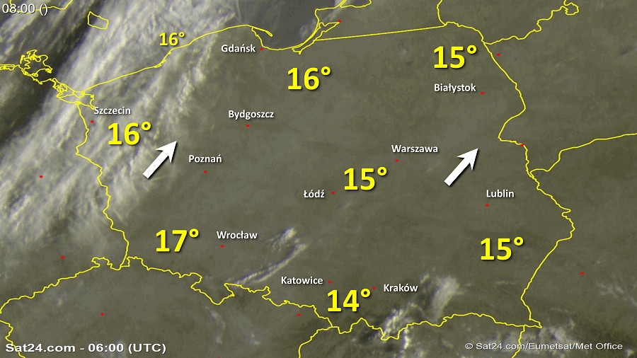 Zdjęcie satelitarne Polski w dniu 20 września 2018 o godzinie 8:00. Dane: Sat24.com / Eumetsat.