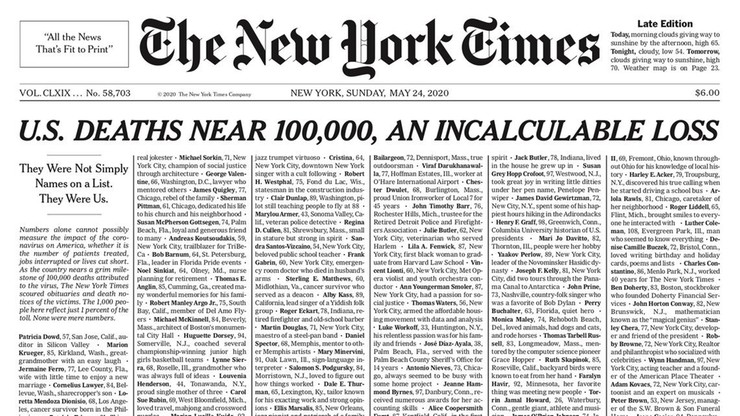 Pierwsza strona "NYT" cała w nazwiskach ofiar Covid-19. Wśród nich Polak