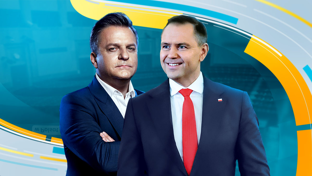 Dwaj mężczyźni w garniturach, jeden uśmiechnięty, drugi poważny, na tle grafiki.