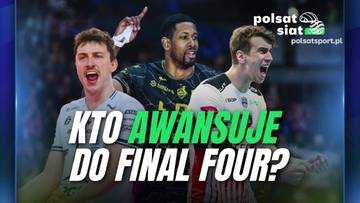 Trzech siatkarzy podczas meczu, z napisem "KTO AWANSUJE DO FINAL FOUR?"