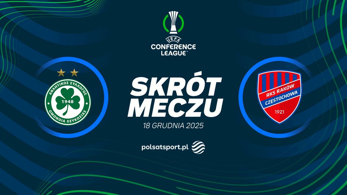 Grafika zapowiadająca skrót meczu Omonia Nikozja - Raków Częstochowa w Lidze Konferencji Europy. Na grafice widnieją loga obu drużyn oraz napis "SKRÓT MECZU".