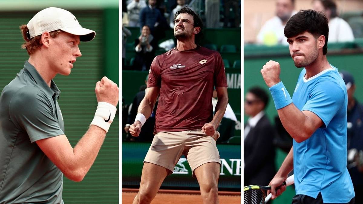 Trzy zdjęcia tenisist&oacute;w: Jannik Sinner, Valentin Vacherot i Carlos Alcaraz podczas mecz&oacute;w.