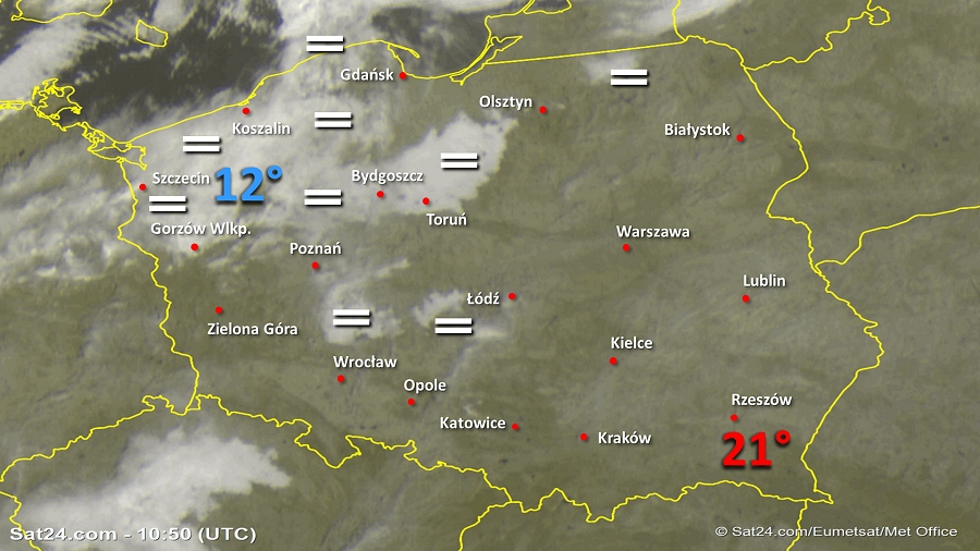 Zdjęcie satelitarne Polski w dniu 22 października 2019 o godzinie 12:50. Dane: Sat24.com / Eumetsat.