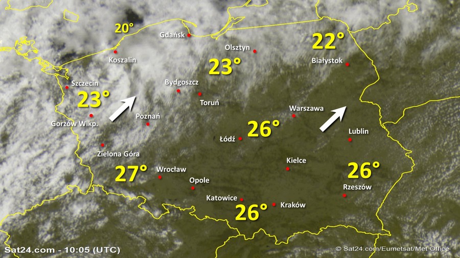 Zdjęcie satelitarne Polski w dniu 5 lipca 2020 o godzinie 12:05. Dane: Sat24.com / Eumetsat.