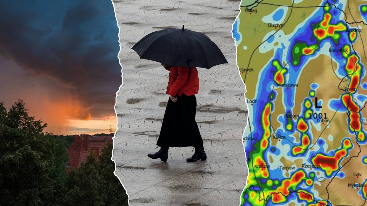 Ilustracja przedstawiająca elementy pogodowe: burzowe niebo, osoba z parasolką w deszczu oraz mapa synoptyczna z zaznaczonymi opadami.