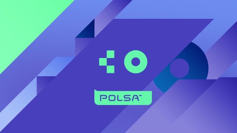 Logo Polsat Games z charakterystycznym symbolem przypominającym joystick, na abstrakcyjnym tle z geometrycznych kształtów w kolorach fioletowym i zielonym.