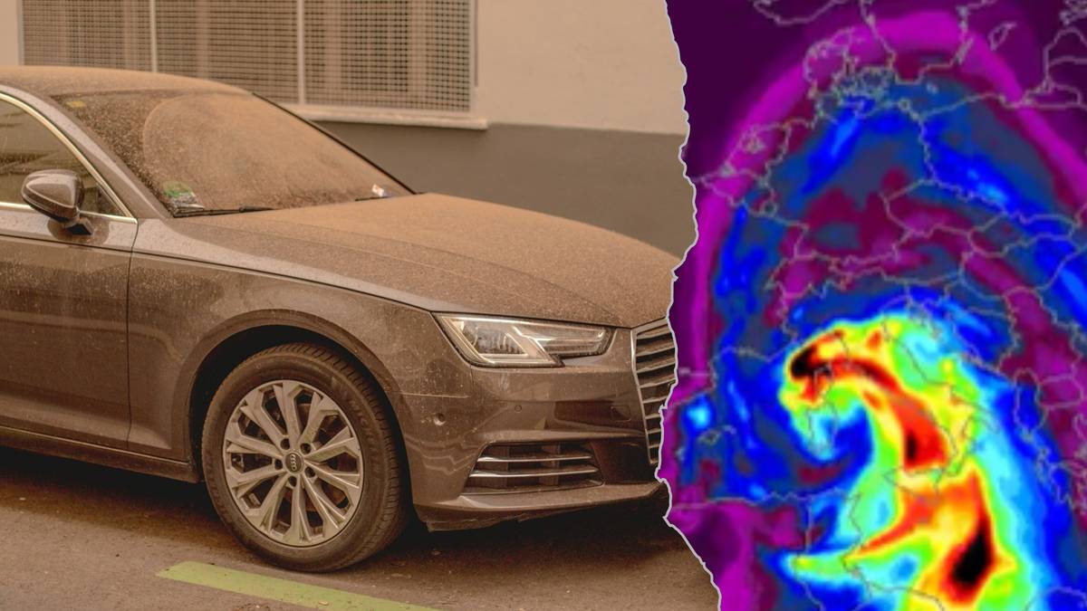 Samochód pokryty warstwą piasku, obok mapa z zaznaczonym obszarem występowania pyłu.