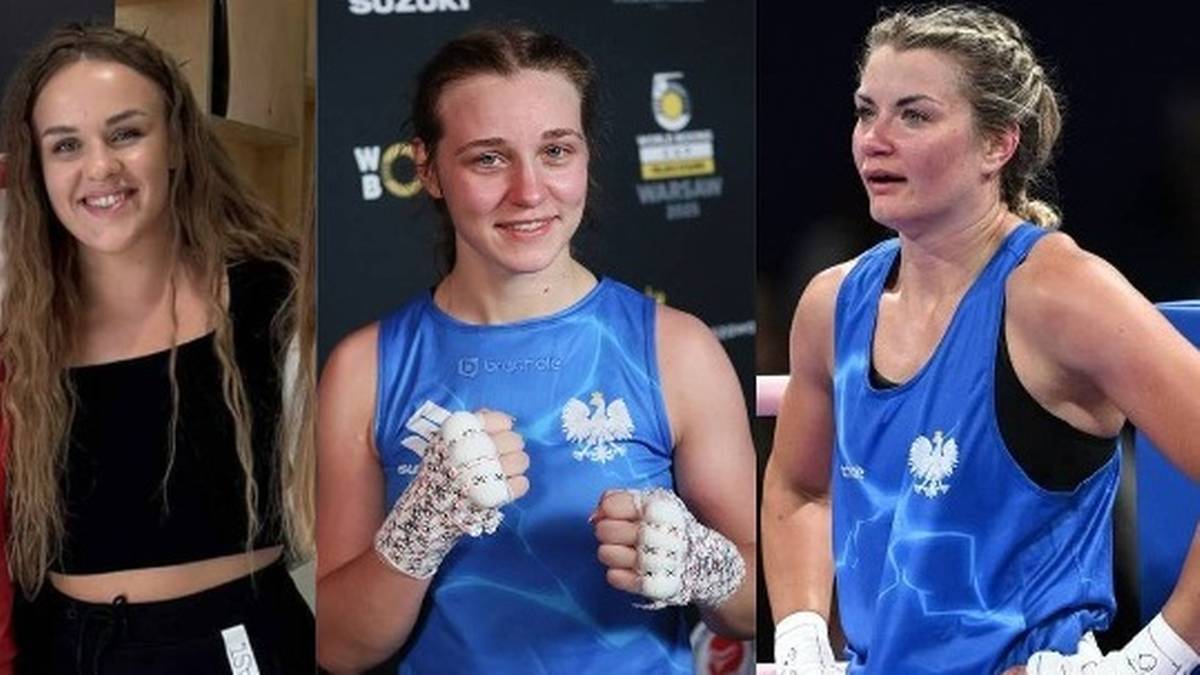 Trzy polskie zawodniczki boksujące w strojach sportowych, gotowe do walki o mistrzostwa świata.