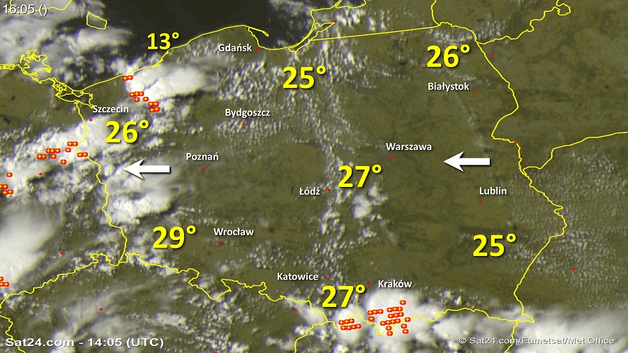 Zdjęcie satelitarne Polski w dniu 27 maja 2018 o godzinie 16:05. Dane: Sat24.com / Eumetsat.