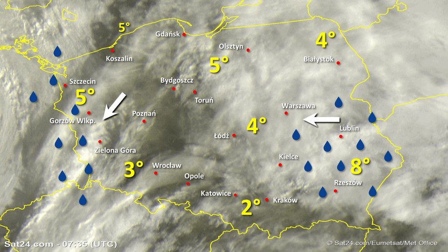 Zdjęcie satelitarne Polski w dniu 20 listopada 2019 o godzinie 8:35. Dane: Sat24.com / Eumetsat.