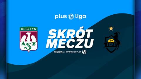 Grafika z logotypami Indykpol AZS Olsztyn i Bogdanka LUK Lublin oraz napisem "SKR&Oacute;T MECZU" na niebieskim tle.