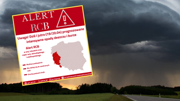 Grafika ostrzegawcza Alert RCB z informacją o prognozowanych intensywnych opadach deszczu i burz w wojew&oacute;dztwach ł&oacute;dzkim, dolnośląskim i wielkopolskim, na tle ciemnych chmur burzowych i opad&oacute;w deszczu.