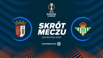 Logo Ligi Europy, obok herby drużyn Sporting Braga i Real Betis, pośrodku napis "SKR&Oacute;T MECZU" oraz data "08 KWIETNIA 2026".