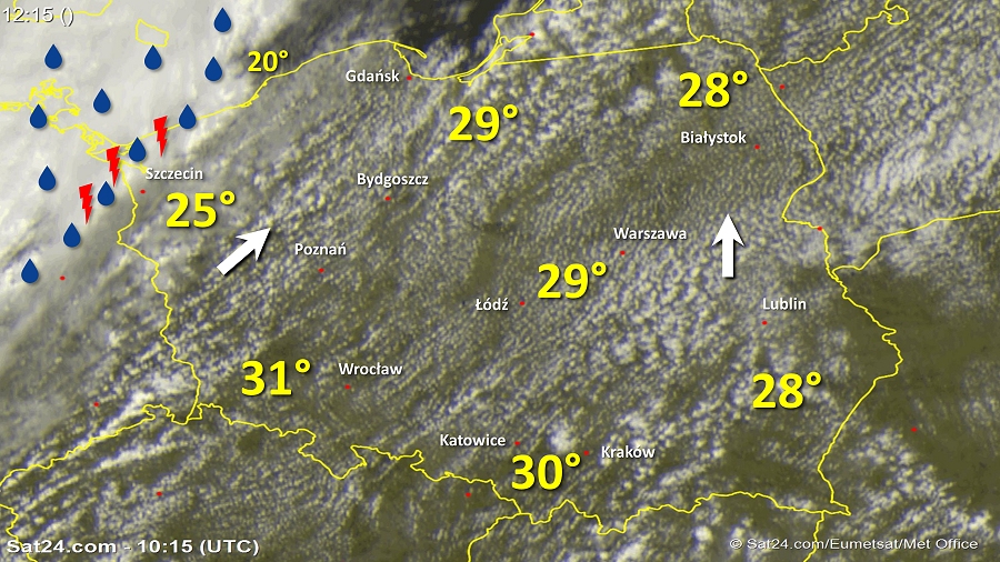 Zdjęcie satelitarne Polski w dniu 21 czerwca 2018 o godzinie 12:15. Dane: Sat24.com / Eumetsat.