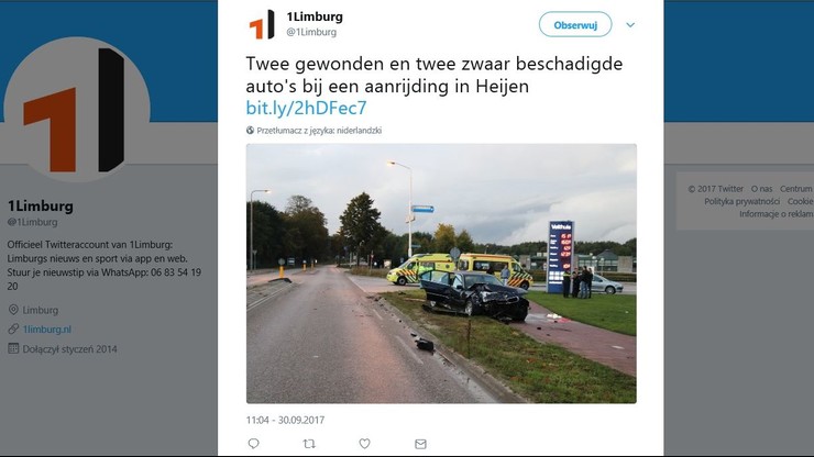 W Holandii zderzyły się dwa samochody. Jeden z Polski, drugi z Niemiec. Polak uciekł