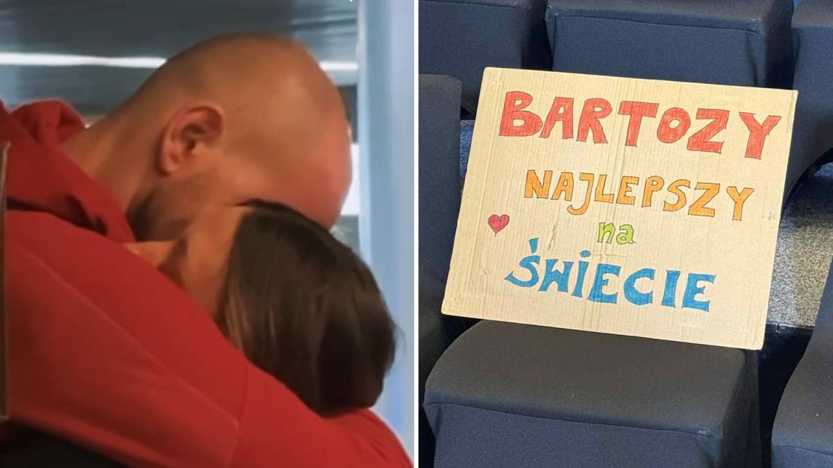 Zdjęcie podzielone na dwie części. Po lewej stronie ujęcie z bliska przedstawiające parę w czułym uścisku na tle czerwonego materiału, prawdopodobnie ubrania lub koc. Po prawej stronie, na siedzeniu lotniczym, leży drewniana tabliczka z napisem "BARTOZY NAJLEPSZY NA ŚWIECIE", ozdobiona serduszkiem i kolorowymi literami.