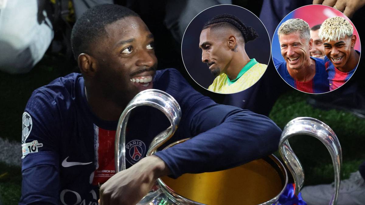 Portret piłkarza z pucharem, obok wizerunki innych piłkarzy.