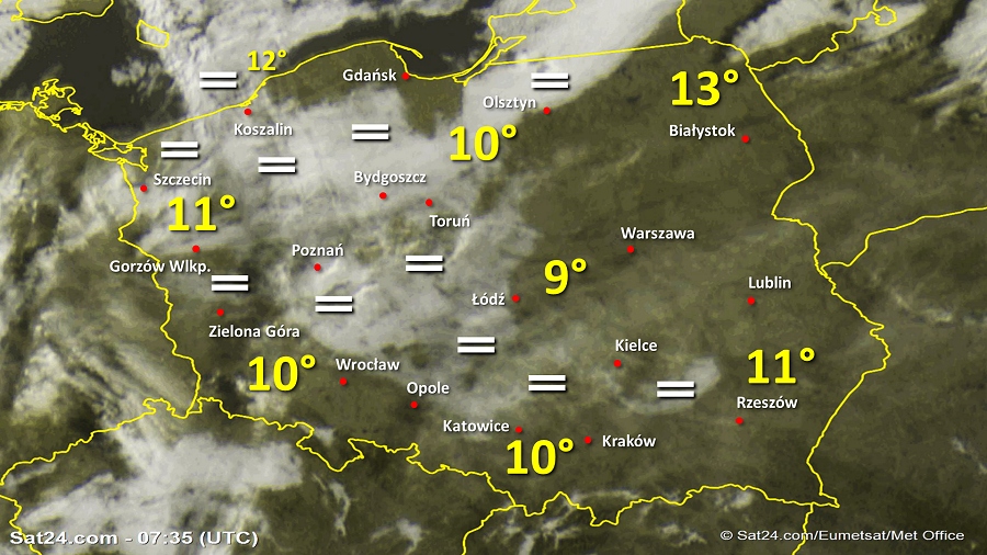 Zdjęcie satelitarne Polski w dniu 22 października 2019 o godzinie 9:35. Dane: Sat24.com / Eumetsat.