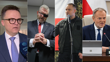 Cztery portrety polityk&oacute;w: mężczyzna w garniturze, mężczyzna z opaską na oku, mężczyzna w wojskowej kurtce przed flagą Polski, mężczyzna w garniturze siedzący przy biurku.