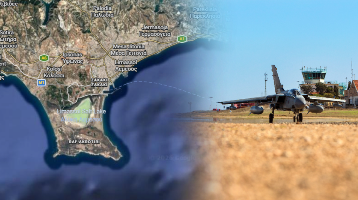 Mapa pokazująca bazę lotniczą Akrotiri na Cyprze połączona linią z samolotem wojskowym.