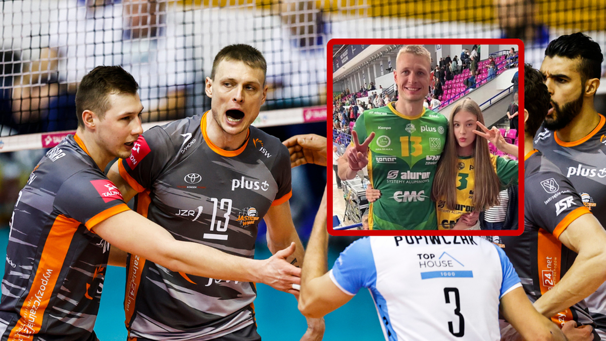 Siatkarze w szarych strojach świętują na boisku, w prawym g&oacute;rnym rogu zdjęcie pary w strojach sportowych.