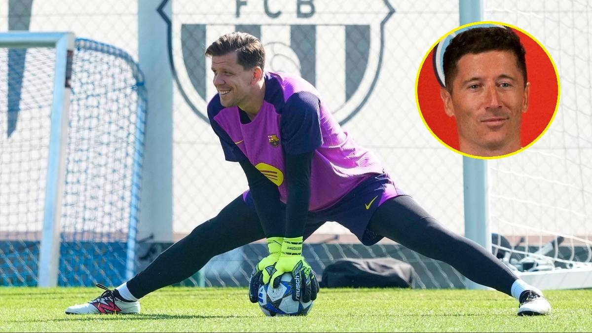 Wojciech Szczęsny wykonuje ćwiczenie na boisku treningowym, z wizerunkiem Roberta Lewandowskiego w tle.