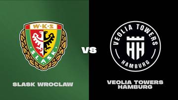 Grafika porównująca WKS Śląsk Wrocław i Veolia Towers Hamburg, z herbem Śląska po lewej i logo Veolia Towers po prawej stronie, przedzielone symbolem "VS".