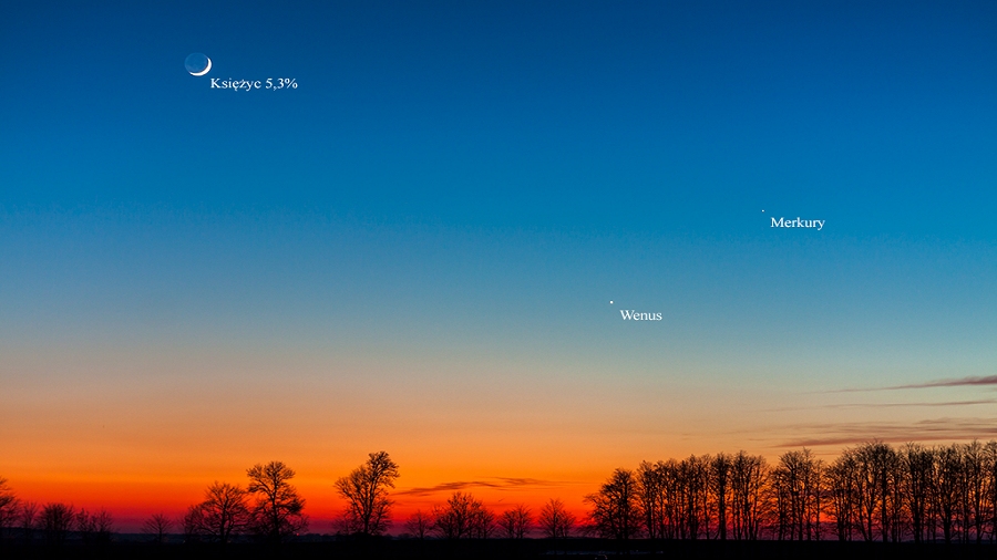 Księżyc, Merkury i Wenus o zachodzie Słońca na Pomorzu. Fot. Łukasz Górski / TwojaPogoda.pl