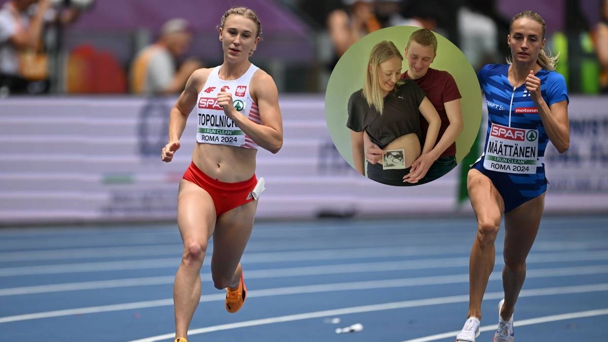 Biegaczka lekkoatletyczna w czerwonym stroju na pierwszym planie, w okręgu w tle para trzymająca się za ręce i brzuch kobiety.