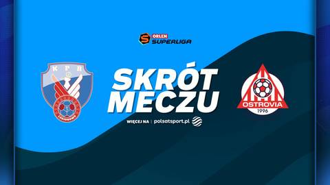 Logo Zepter KPR Legionowo po lewej, logo Rebud KPR Ostrovia Ostr&oacute;w Wielkopolski po prawej, tekst "SKR&Oacute;T MECZU" na niebieskim tle z falistym wzorem.