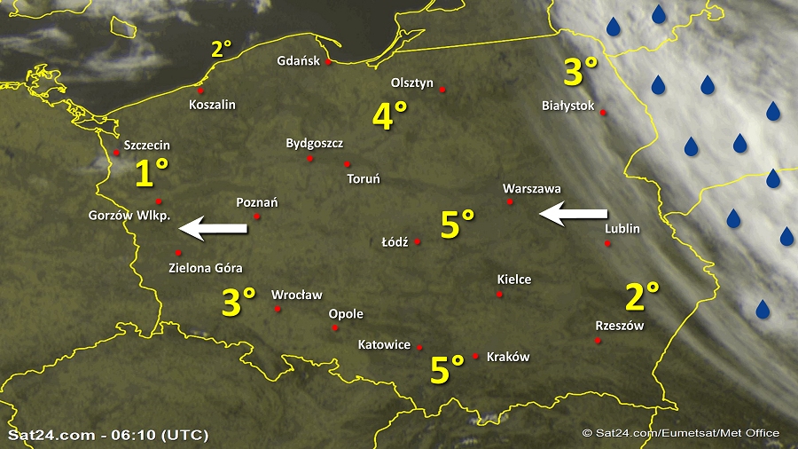 Zdjęcie satelitarne Polski w dniu 16 kwietnia 2019 o godzinie 8:10. Dane: Sat24.com / Eumetsat.