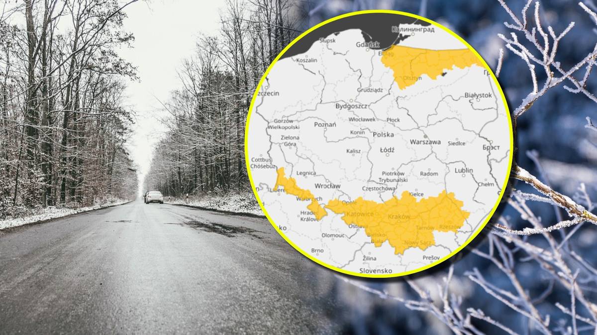Mapa Polski z zaznaczonymi ostrzeżeniami meteorologicznymi, obok zimowy krajobraz z ośnieżoną drogą.