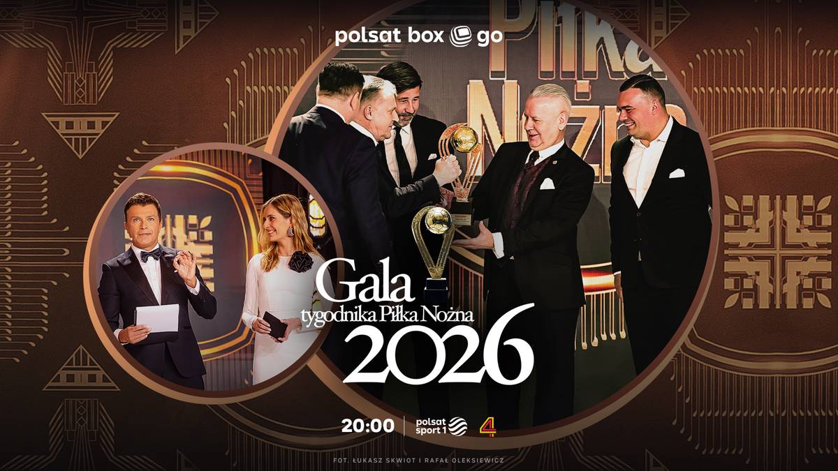 Gala tygodnika Piłka Nożna 2026. Grupa mężczyzn w garniturach odbiera statuetkę, obok nich kobieta w sukni.
