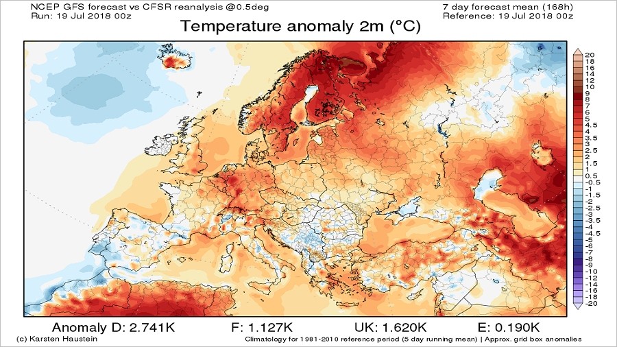 Anomalie temperatury prognozowane w dniach 19-26 lipca 2018 roku. Fot. karstenhaustein.com