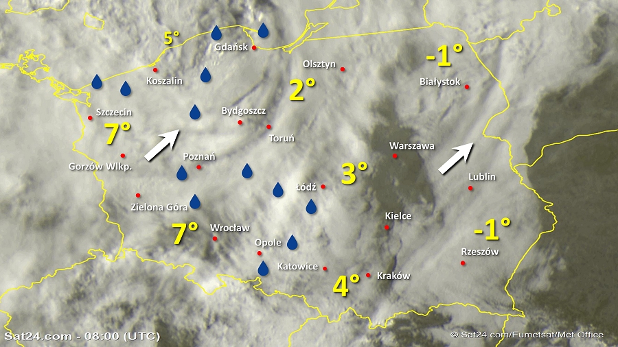 Zdjęcie satelitarne Polski w dniu 3 marca 2019 o godzinie 9:00. Dane: Sat24.com / Eumetsat.