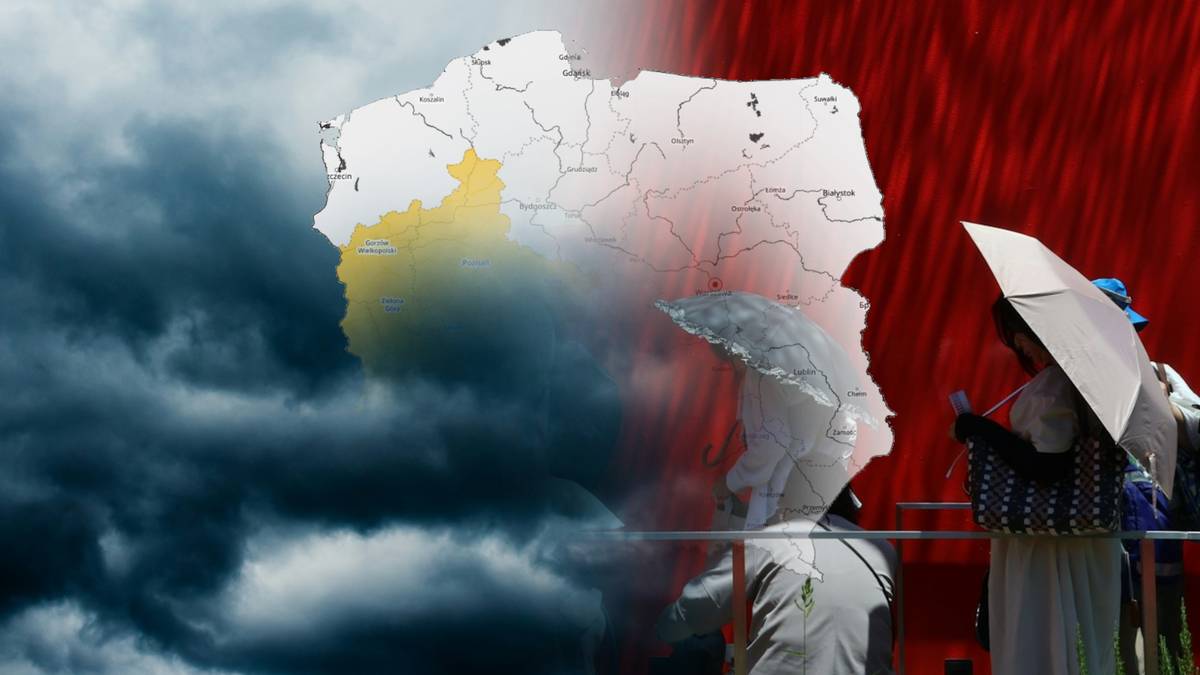Mapa Polski na tle burzowego nieba i czerwonych deszczowych smug, z widocznymi postaciami z parasolami po prawej stronie.
