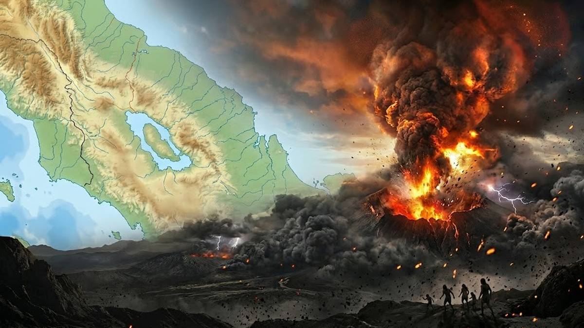 Ilustracja przedstawiająca gwałtowny wybuch wulkanu Toba, z unoszącymi się chmurami dymu i popiołu, oraz fragmentem mapy po lewej stronie. W oddali widoczne są sylwetki ludzi.