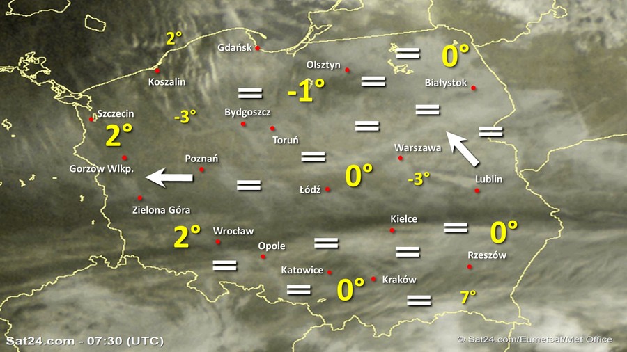 Zdjęcie satelitarne Polski w dniu 19 grudnia 2019 o godzinie 8:30. Dane: Sat24.com / Eumetsat.