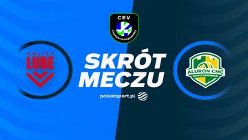 Logo Cucine Lube Civitanova z napisem LUBE i symbolami, pośrodku biały napis SKRÓT MECZU, po prawej logo Aluron CMC Warta Zawiercie z zielono-żółtą tarczą.